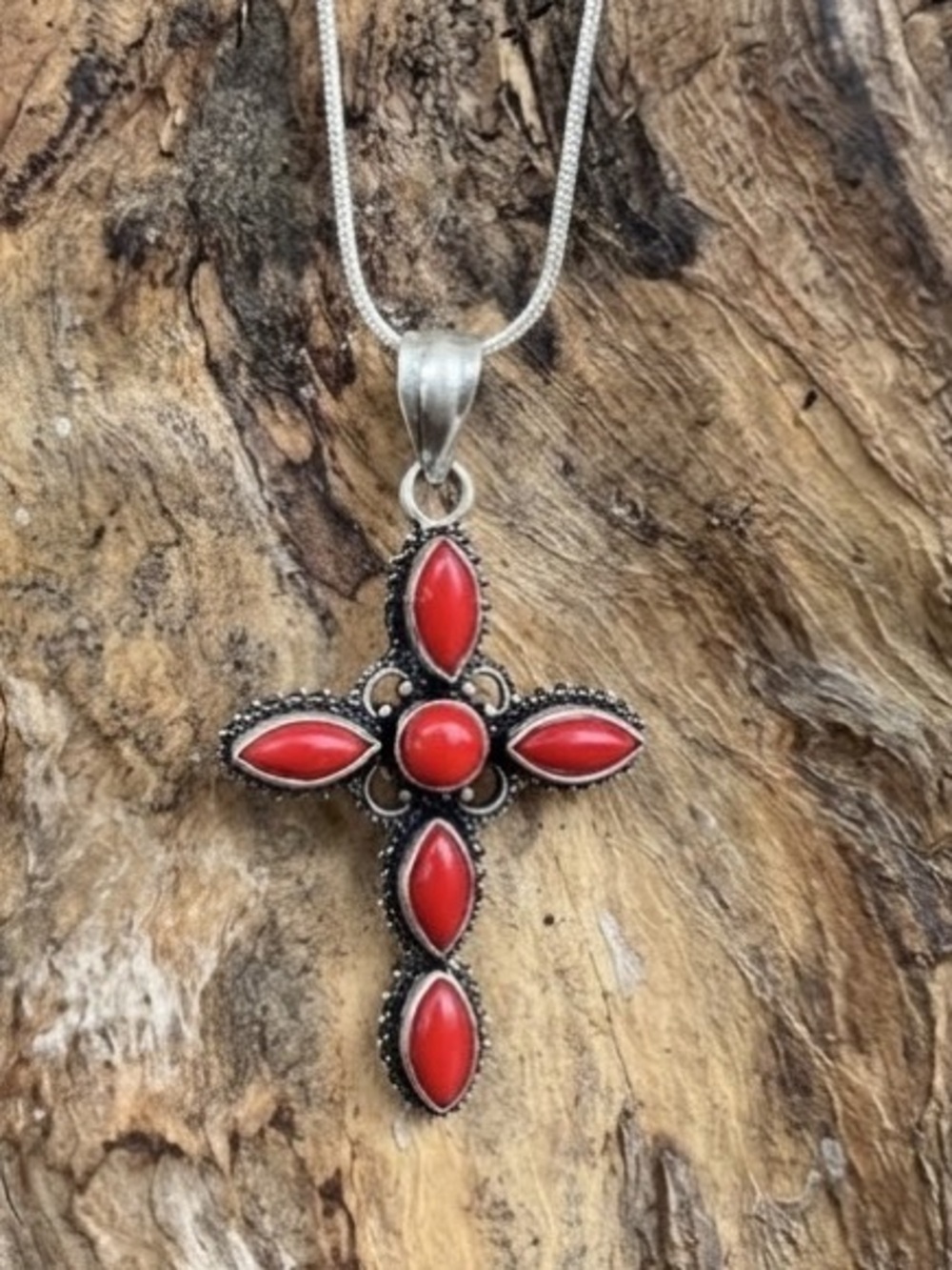 Vintage 925 Sterling Silver Red Coral Cross Pendant Necklace Boho Western